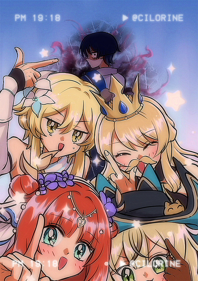 1990s_(style) 1boy 4girls animal_hat aqua_eyes aqua_hat arm_up aura black_eyes black_hair black_hat black_sleeves blonde_hair blue_cape blue_flower blue_sky blue_trim blunt_bangs blunt_ends blush brown_gloves cape cat_hat cat_hat_ornament cavalier_hat cilorine closed_eyes crossed_bangs crown dark_aura detached_sleeves double-parted_bangs double_bun dress fake_facial_hair fake_mustache fake_screenshot finger_gun fingernails flower genshin_impact glaring gloves green_eyes hair_bun hair_flower hair_ornament hat index_finger_raised japanese_clothes kimono kirara_(genshin_impact) kirara_(phantom_in_boots)_(genshin_impact) layered_sleeves long_hair looking_at_viewer lumine_(genshin_impact) multicolored_flower multiple_girls navia_(genshin_impact) nilou_(breeze_of_sabaa)_(genshin_impact) nilou_(genshin_impact) open_mouth purple_flower red_hair retro_artstyle scaramouche_(genshin_impact) scarf short_hair short_hair_with_long_locks sidelocks sky star_(symbol) sweatdrop tareme timestamp twitter_username two-sided_fabric two-sided_headwear vambraces veil vhs_artifacts wanderer_(genshin_impact) white_dress white_flower white_kimono white_scarf white_sleeves white_veil yellow_eyes