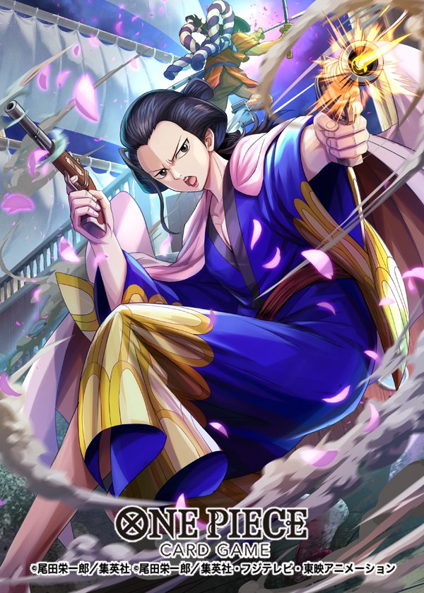 2boys black_hair boat commentary_request copyright_name gun hokuyuu holding holding_gun holding_sword holding_weapon izou_(one_piece) japanese_clothes kimono kouzuki_oden looking_to_the_side male_focus multiple_boys official_art one_piece one_piece_card_game open_mouth orange_kimono pink_petals rope shimenawa smoke sword watercraft weapon wide_sleeves