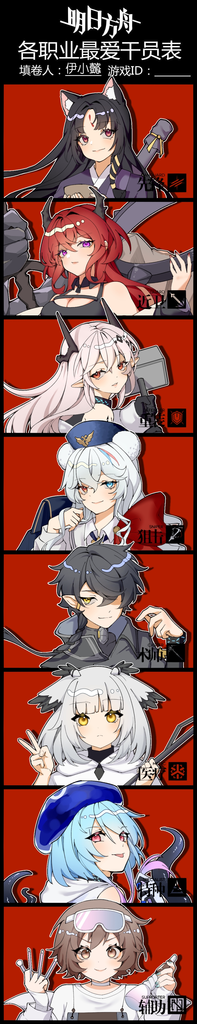 2boys 6+girls :p absurdres arknights arm_up between_fingers black_gloves black_hair black_horns blue_eyes blue_hair blue_hat breasts brown_eyes brown_hair chinese_commentary cleavage closed_mouth commentary_request copyright_name corroserum_(arknights) crossed_bangs facial_mark fingernails forehead_mark gloves goggles goggles_on_head grey_hair hair_between_eyes hair_lift hair_over_one_eye hammer hat heterochromia highres holding holding_hammer horns infection_monitor_(arknights) large_breasts light_smile long_hair long_image looking_at_viewer medium_hair mizuki_(arknights) mudrock_(arknights) mudrock_(elite_ii)_(arknights) multicolored_hair multiple_boys multiple_girls one_eye_covered outline parted_bangs parted_lips pink_eyes pointy_ears ptilopsis_(arknights) purple_eyes red_background red_eyes red_hair roberta_(arknights) rosa_(arknights) saga_(arknights) shadow short_hair simple_background sledgehammer streaked_hair surtr_(arknights) tall_image tongue tongue_out v white_outline yellow_eyes yixiaoyi