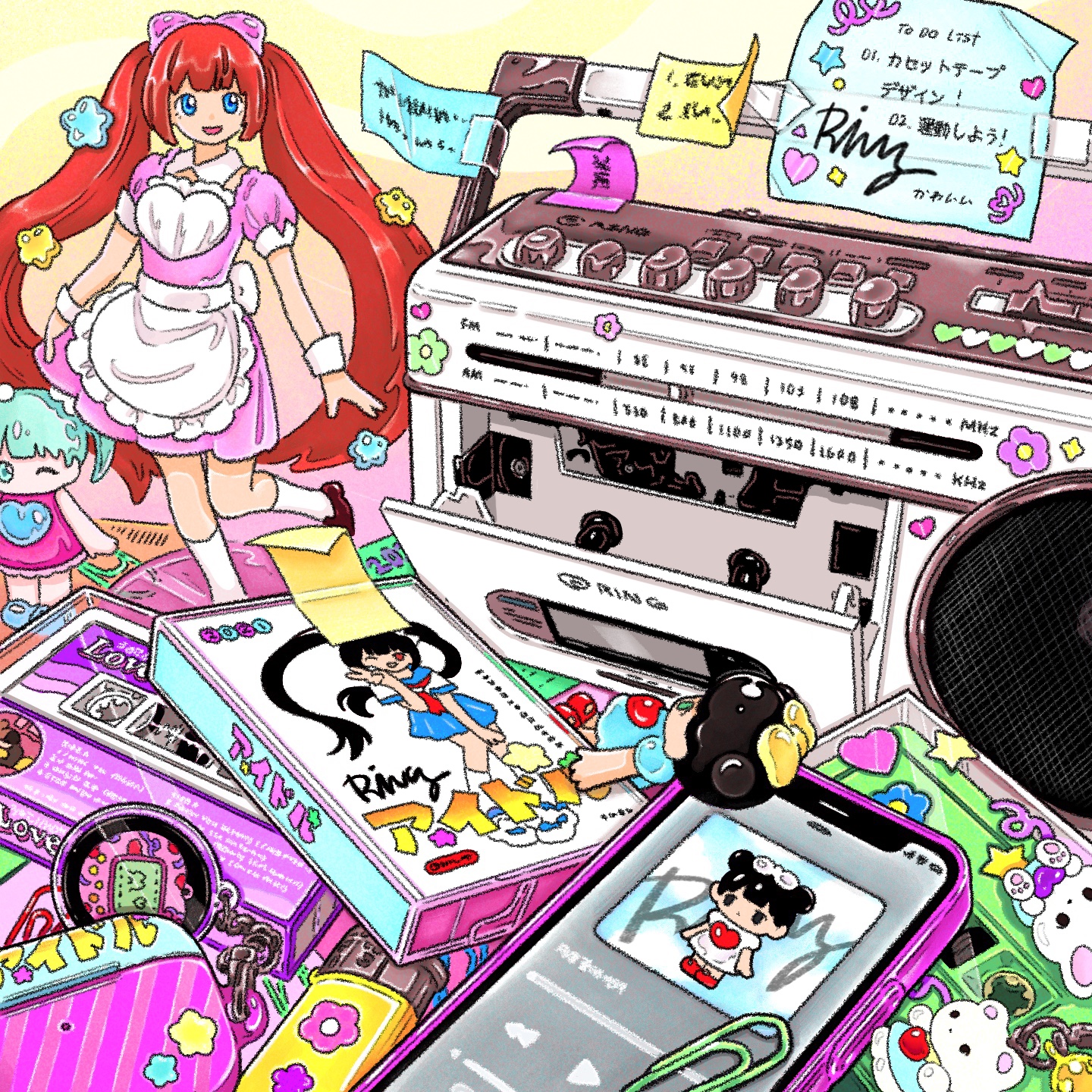 absurdly_detailed_composition apron cassette_player cassette_tape cellphone charm_(object) commentary dress english_commentary figure highres iphone lighter loaded_interior maid no_humans original phone pink_dress procreate_(medium) red_hair retro_artstyle ring_411 smartphone sticky_note still_life tamagotchi tamagotchi_(virtual_pet) toy twintails virtual_pet_(toy)