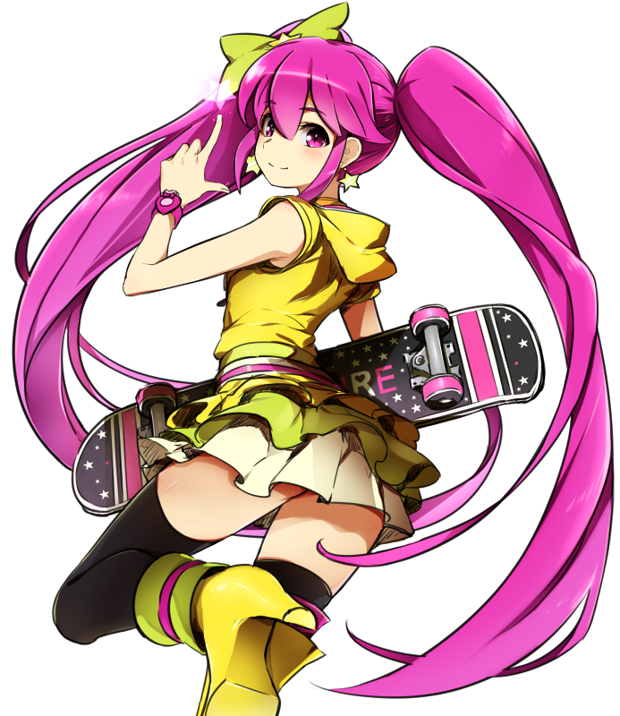10s 1girl aino_megumi alternate_form asymmetrical_footwear blush boots cure_lovely cure_lovely_(lollipop_hip_hop) earrings female_focus happinesscharge_precure! jewelry long_hair minatsuki_randoseru mismatched_footwear one_eye_closed pink_eyes pink_hair precure skateboard skirt smile solo star_(symbol) star_earrings thighhighs twintails very_long_hair yellow_boots