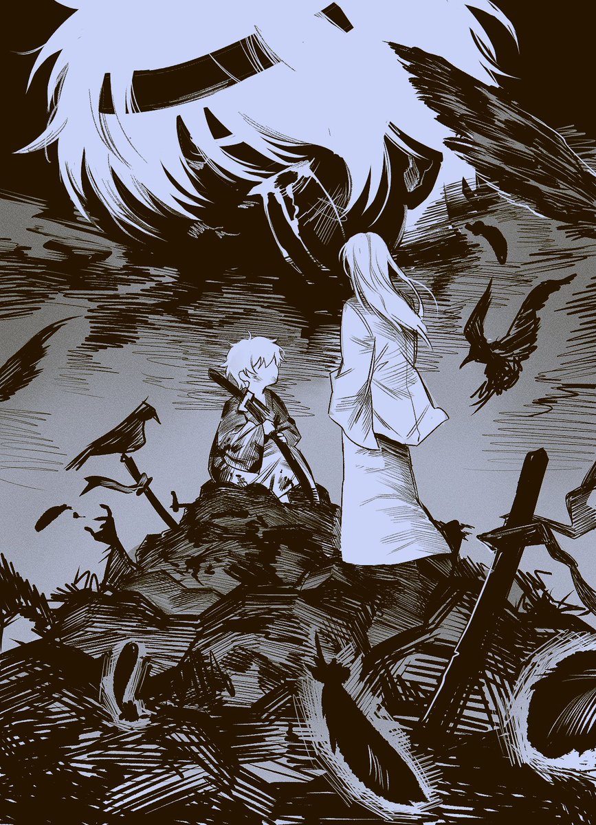 2boys aged_down bird black_feathers blood child corpse crow crying crying_with_eyes_open falling_feathers feathers from_behind g0nyag gintama hatching_(texture) headband highres holding holding_sword holding_weapon japanese_clothes kimono long_hair long_sleeves male_focus monochrome multiple_boys planted planted_sword planted_weapon sakata_gintoki short_hair sitting standing sword tears weapon yoshida_shouyou