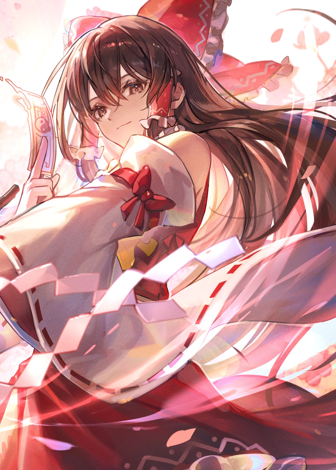 1girl ascot between_fingers bow brown_eyes brown_hair closed_mouth commentary_request detached_sleeves frilled_bow frilled_hair_tubes frills gohei hair_bow hair_tubes hakurei_reimu highres holding holding_gohei long_hair looking_at_viewer ofuda ofuda_between_fingers red_bow red_skirt ribbon-trimmed_sleeves ribbon_trim skirt skirt_set solo touhou tsugutoku yellow_ascot yin_yang yin_yang_print