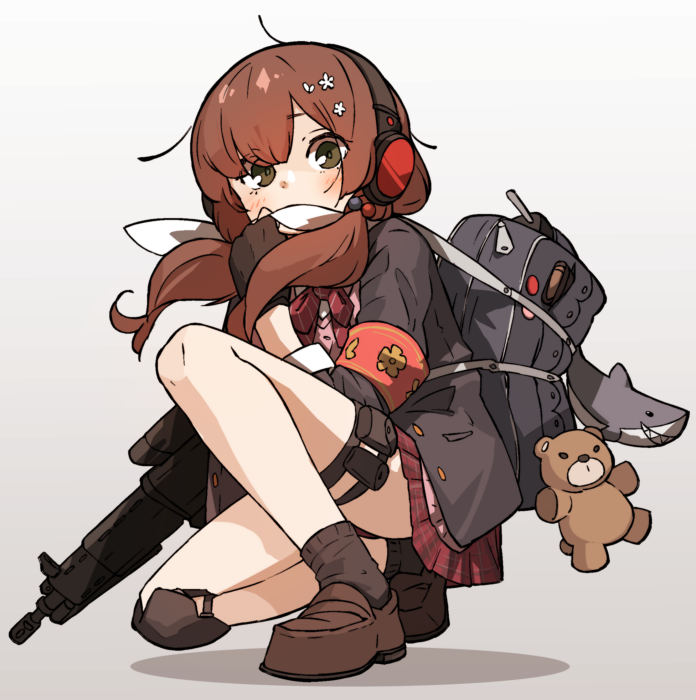 1girl amonitto armband arms_up assault_rifle bag bow bowtie brown_hair brown_shoes covering_own_mouth flower girls&#039;_frontline gradient_background green_eyes grey_jacket gun hair_bobbles hair_flower hair_ornament holding holding_gun holding_weapon holster howa_type_89 howa_type_89_(girls&#039;_frontline) jacket knee_pads loafers long_hair long_sleeves looking_at_viewer miniskirt red_skirt rifle school_bag shoes single_knee_pad skirt solo stuffed_animal stuffed_shark stuffed_toy teddy_bear thigh_holster twintails weapon