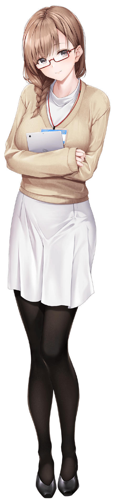 1girl artist_request black_pantyhose black_shoes braid brown_cardigan brown_hair cardigan closed_mouth dress full_body glasses highres hugging_object id_card koga_nozomi long_image looking_at_viewer official_art pantyhose rectangular_eyewear red-framed_eyewear seifuku_kanojo seifuku_kanojo_2 semi-rimless_eyewear shoes simple_background smile solo standing tablet_pc tachi-e tall_image transparent_background under-rim_eyewear white_dress