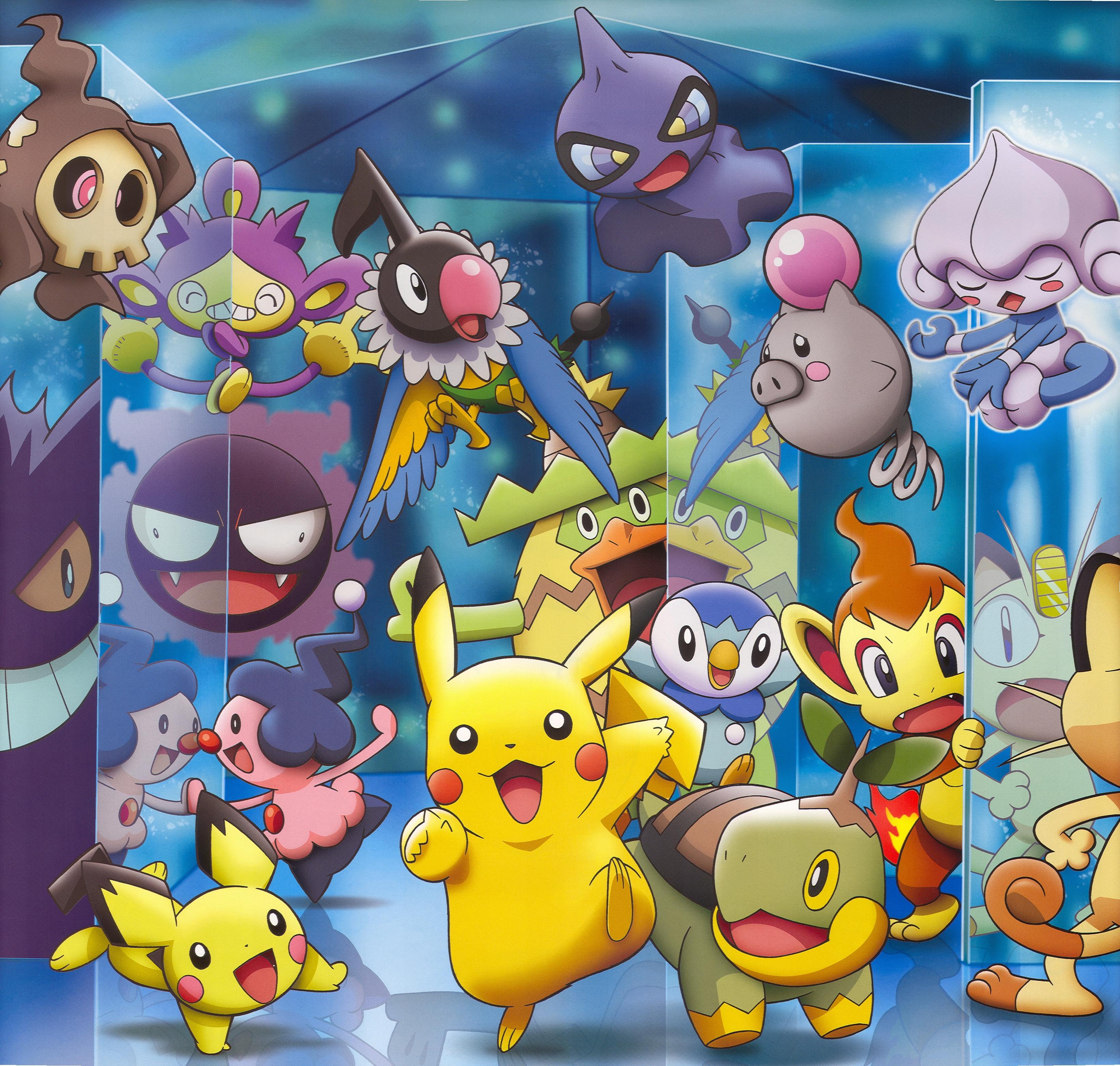 :d absurdres aipom artist_request black_eyes blue_sclera blush blush_stickers chatot chimchar closed_eyes coin colored_sclera diamond_mouth duskull fangs floating flying gastly gen_1_pokemon gen_2_pokemon gen_3_pokemon gen_4_pokemon gengar ghost_tail gold grin hand_on_own_head highres koban_(gold) leaf looking_at_viewer ludicolo meditite meowth mime_jr. mirror nintendo no_humans official_art open_mouth pichu pikachu piplup pokemon pokemon_(creature) pokemon_focus purple_eyes red_eyes reflection scan shuppet smile spoink teeth third-party_source turtwig yellow_pupils