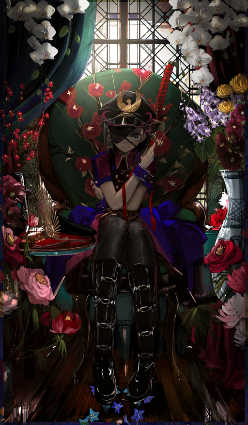 1girl armchair bellflower black_boots black_hair black_hat black_pantyhose blue_eyes blue_flower boots buttons chair chinese_bellflower chrysanthemum closed_mouth collared_jacket commentary crossed_arms double-breasted eyepatch fate/grand_order fate_(series) flower flower_request full_body hat hollyhock indoors jacket katana looking_at_viewer mysterious_ranmaru_x_(fate) narue oda_uri official_art one_eye_covered orchid pantyhose paulownia peaked_cap peony_(flower) phalaenopsis pink_flower purple_flower purple_wrist_cuffs red_flower red_jacket red_ribbon ribbon short_hair short_sleeves sitting smile solo sword table third-party_source too_many_flowers unworn_hat unworn_headwear vase weapon white_flower window wing_collar wrist_cuffs yellow_flower