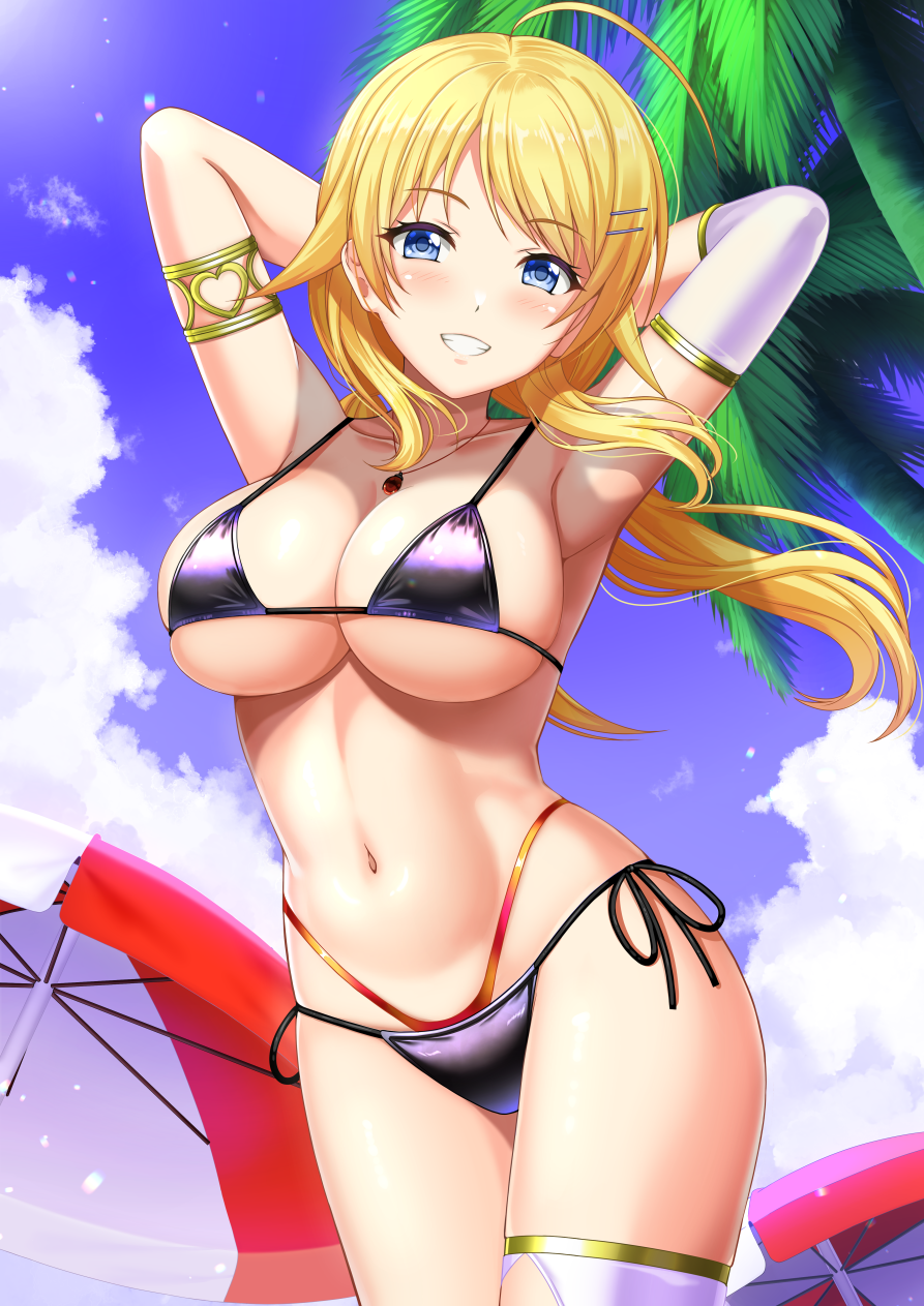 1girl ahoge arms_behind_head beach_umbrella bikini black_bikini blonde_hair blue_eyes breasts commentary_request cowboy_shot grin hachimiya_meguru hair_flaps highres idolmaster idolmaster_shiny_colors large_breasts low_twintails multi-strapped_bikini palm_tree shibata_rai side-tie_bikini_bottom single_thighhigh smile solo swimsuit thighhighs tree twintails umbrella white_thighhighs