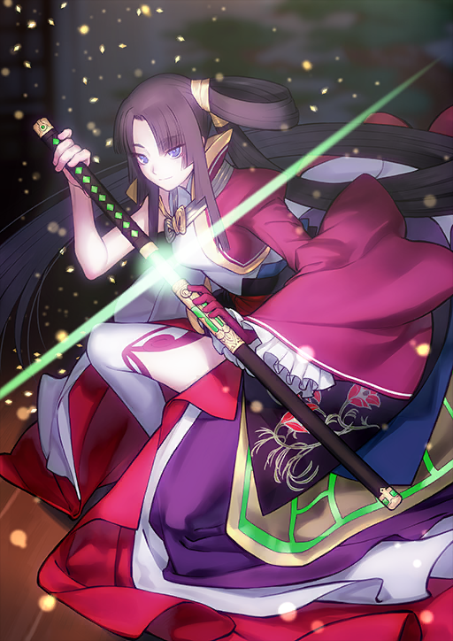 1girl asymmetrical_clothes black_hair blue_eyes breasts closed_mouth curtained_hair fate/grand_order fate_(series) frilled_sleeves frills front_slit glint gloves hair_ribbon high_side_ponytail holding holding_sheath holding_sword holding_weapon japanese_clothes katana knee_up layered_skirt light_particles long_hair long_skirt long_sleeves looking_at_viewer official_art on_one_knee red_gloves ribbon sakamoto_mineji sheath shirt sidelocks single_bare_arm single_glove single_sleeve skirt smile solo sword thighhighs third-party_source unsheathing ushiwakamaru_(fate) ushiwakamaru_(lostroom_outfit)_(fate) very_long_hair weapon white_shirt white_thighhighs wide_sleeves yellow_ribbon