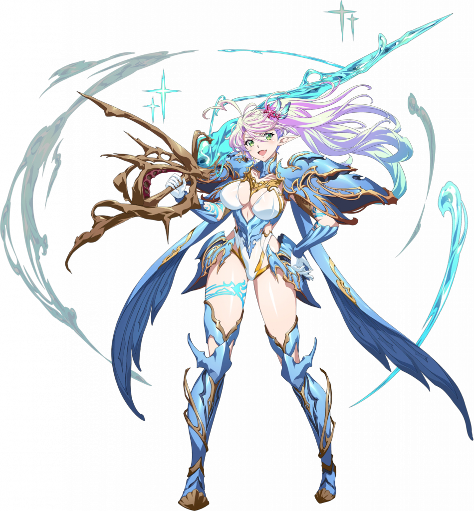 1girl :d ahoge arm_guards armor armored_boots aura blue_armor blue_boots blue_hair body_markings boots breasts cape cleavage clothing_cutout contrapposto faulds floating_hair flower full_body game_cg gloves gold_trim gradient_hair green_eyes hair_flower hair_ornament hand_on_own_hip hip_vent holding holding_sword holding_weapon huge_breasts hydrokinesis langrisser langrisser_mobile leotard liquid_weapon long_hair looking_at_viewer multicolored_hair nornorin_(langrisser) official_art open_mouth over_shoulder pauldrons pink_hair pointy_ears ponytail shoulder_armor simple_background smile solo standing sword sword_over_shoulder tachi-e thigh_boots thighs third-party_source transparent_background vambraces water weapon weapon_over_shoulder white_gloves white_leotard wing_cape