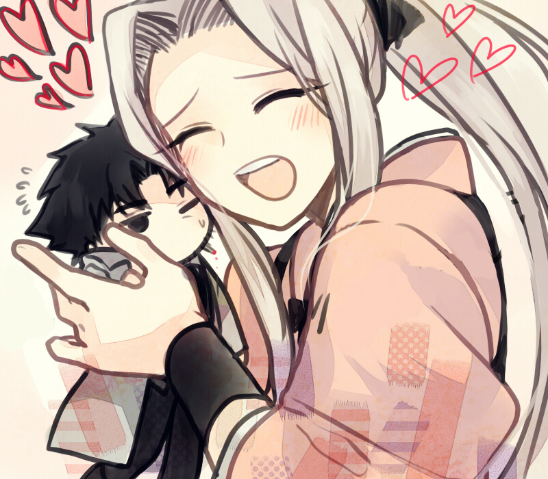 1boy 1girl ^_^ bad_id bad_pixiv_id black_eyes black_hair cheek_press chibi cigarette closed_eyes couple emiya_kiritsugu fate/zero fate_(series) hetero husband_and_wife instructor_iri irisviel_von_einzbern japanese_clothes long_hair mmm_ss official_alternate_costume white_hair wince