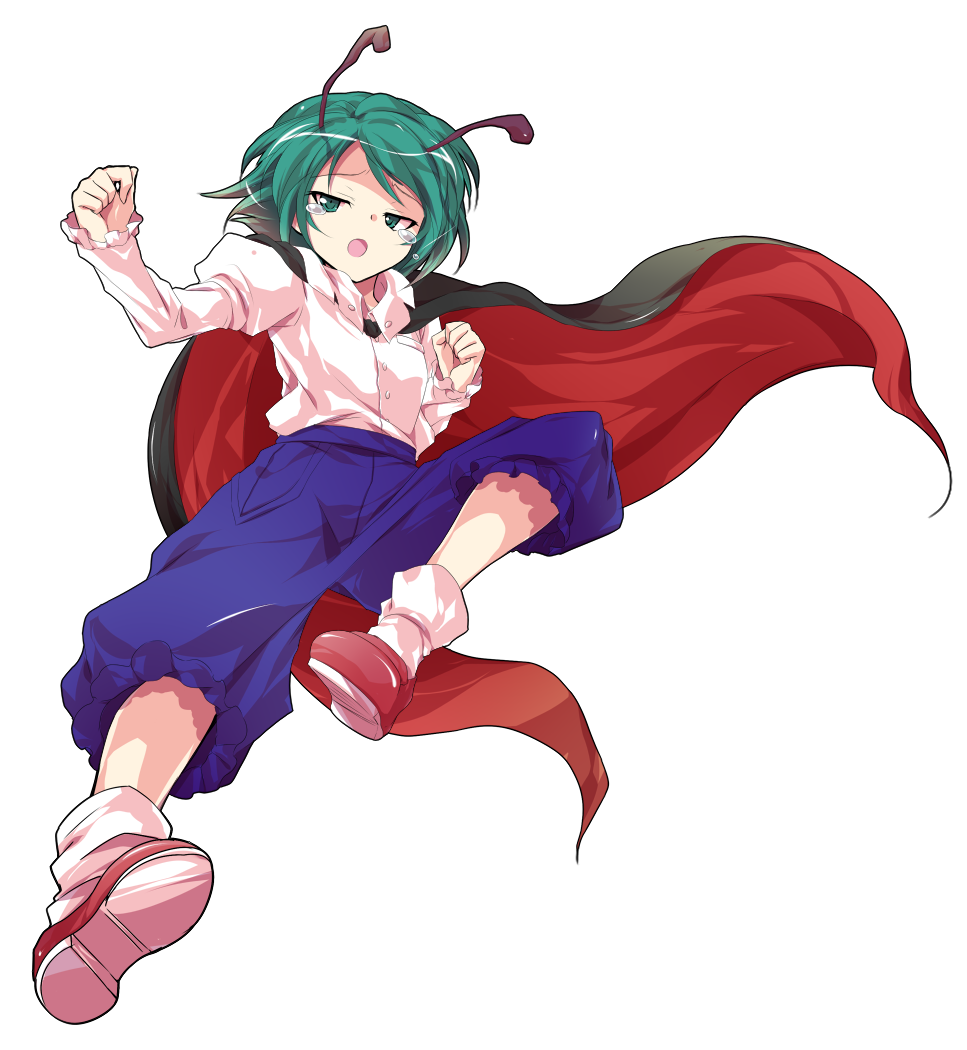 1girl alphes_(style) antennae black_cape blue_shorts buttons cape collared_shirt commentary_request crying crying_with_eyes_open dairi full_body green_eyes green_hair half-closed_eyes imperishable_night juliet_sleeves large_variant_set loafers long_sleeves open_mouth parody puffy_sleeves red_cape red_shoes rider_kick shirt shirt_tucked_in shoes short_hair shorts socks solo style_parody tachi-e tears touhou transparent_background two-sided_cape two-sided_fabric variant_set white_shirt white_socks wriggle_nightbug