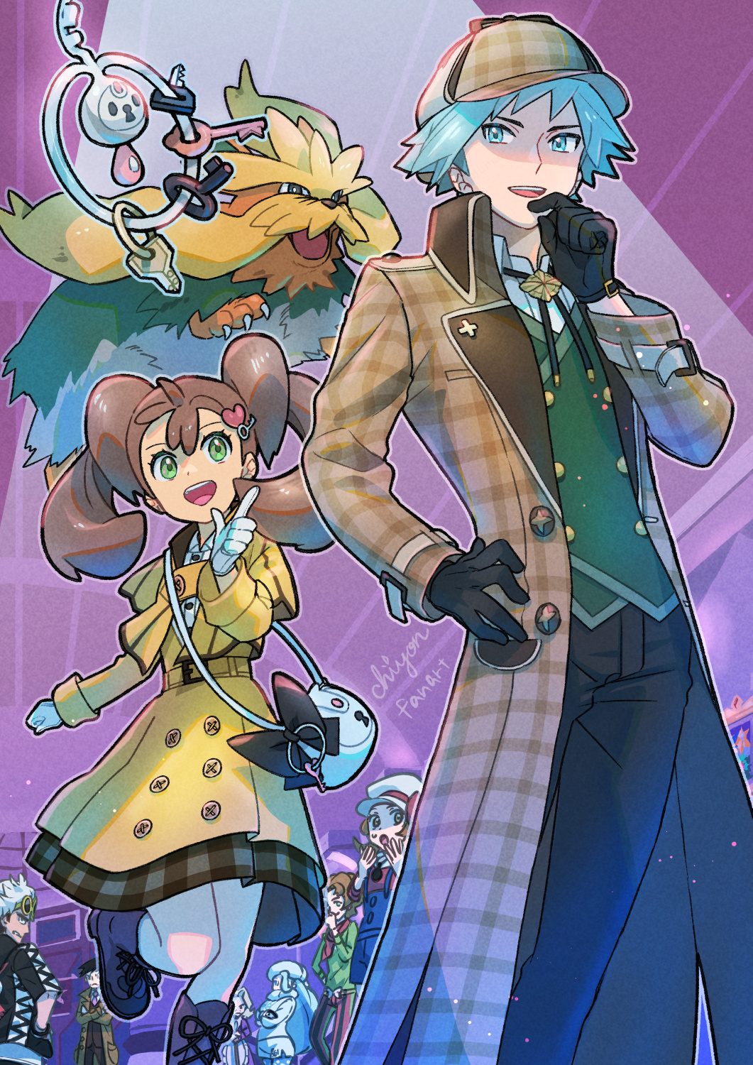 4boys 4girls agatha_(pokemon) alternate_color black_gloves blue_eyes blue_hair boots brown_hair burgh_(pokemon) buttons cabbie_hat charm_(object) chon_chiyon coat crossed_arms gen_5_pokemon gen_6_pokemon gloves green_eyes guzma_(pokemon) hair_ornament hand_on_own_chin hand_on_own_hip hat heart heart_hair_ornament highres key key_hair_ornament klefki looker_(pokemon) looking_at_another lyra_(pokemon) melony_(pokemon) multiple_boys multiple_girls nintendo official_alternate_costume open_mouth overalls plaid_clothes plaid_headwear pokemon pokemon_(creature) pokemon_bw pokemon_dppt pokemon_frlg pokemon_hgss pokemon_masters_ex pokemon_sm pokemon_swsh shauna_(pokemon) shauna_(special_costume)_(pokemon) shiny_pokemon signature steven_stone steven_stone_(special_costume) stoutland team_skull white_gloves white_hair