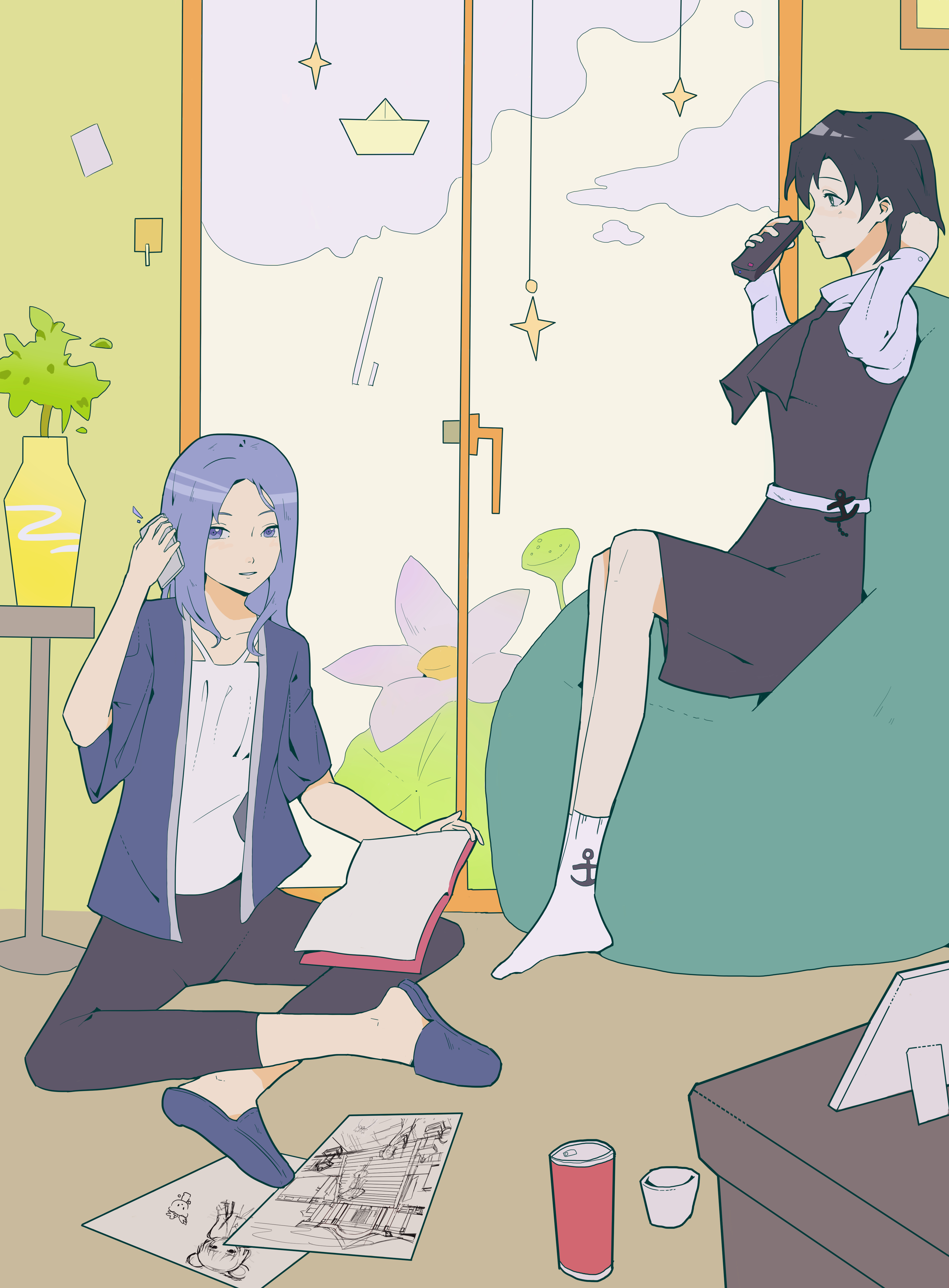 2girls absurdres alternate_costume anchor_symbol ascot bean_bag_chair black_ascot black_hair black_pants black_skirt black_vest blue_hair blue_jacket blue_slippers camisole can contemporary cup drawing_(object) highres holding holding_phone jacket kumoi_ichirin long_hair long_sleeves multiple_girls murasa_minamitsu pants phone picture_frame plant potted_plant shirt short_hair sitting skirt slippers socks thursyue touhou vase vest white_camisole white_shirt white_socks