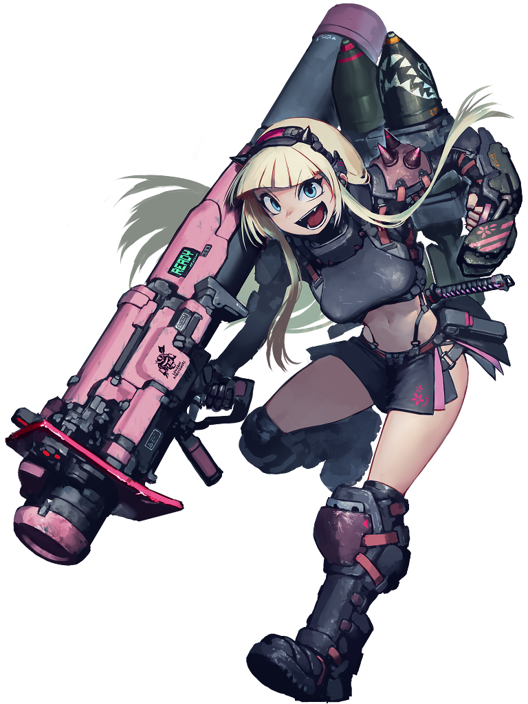 1girl armor black_boots blonde_hair blue_eyes blunt_bangs boots breastplate character_request dairoku_ryouhei fang full_body gun hetza_(hellshock) holding holding_weapon long_hair looking_at_viewer midriff miniskirt navel nose_art open_mouth rocket_launcher shark_nose_art shoulder_armor sidelocks skirt smile solo spiked_armor sword teeth transparent_background very_long_hair weapon