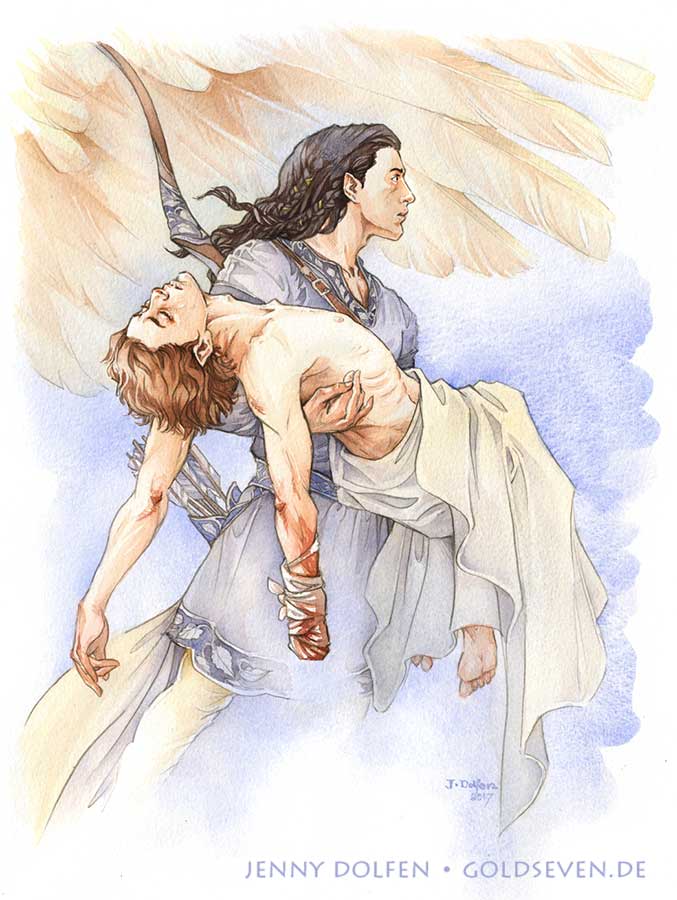 2boys abstract_background arrow_(projectile) artist_name bandaged_arm bandages barefoot black_hair blood bloody_bandages blue_background blue_tunic bow_(weapon) braid carrying carrying_person closed_eyes elf emaciated feathers fingon hair_ribbon head_back jenny_dolfen long_hair long_sleeves looking_up maedhros male_focus missing_limb multiple_boys painting_(medium) pants pointy_ears princess_carry quiver ribbon short_hair side_braids the_silmarillion tolkien&#039;s_legendarium topless_male traditional_media tunic watercolor_(medium) weapon wings yellow_feathers yellow_pants