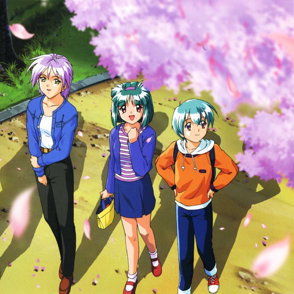 1990s_(style) 1boy 2girls blue_hair blue_skirt brown_eyes cherry_blossoms coat full_body grass green_eyes green_hair hairband hands_on_own_hips kokura_masashi multiple_girls official_art pants petals purple_hair retro_artstyle sakura_kaedeko scan shoes short_hair skirt smile socks takumi_sakaki tokimeki_memorial tokimeki_memorial_2 yae_kaori