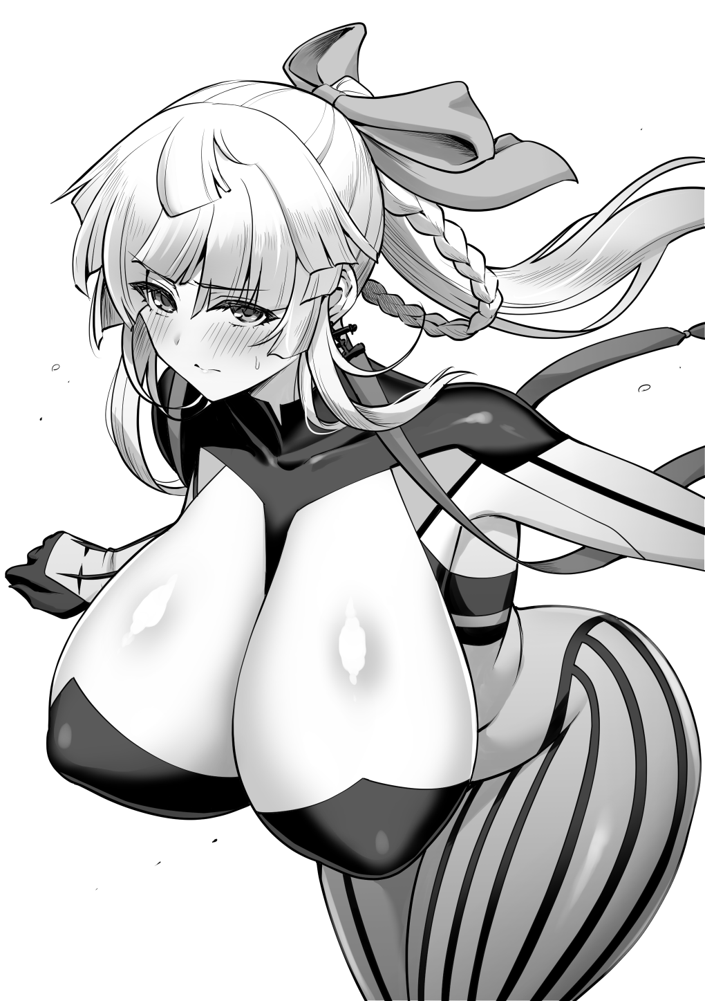 1girl blush bodysuit breasts embarrassed fate/grand_order fate/samurai_remnant fate_(series) greyscale huge_breasts impossible_clothes kanno_takanori monochrome solo yui_shousetsu_(fate)