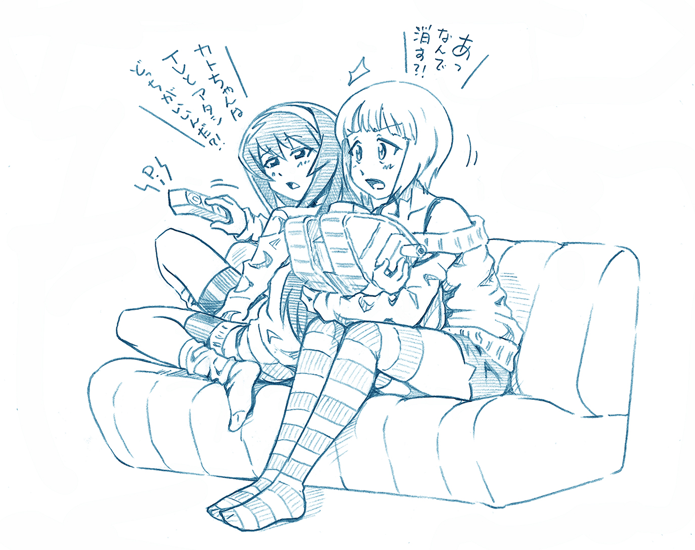 2girls ^^^ bbb_(friskuser) bike_shorts blue_theme blunt_bangs bob_cut bra_strap casual commentary controller couch cutlass_(girls_und_panzer) girls_und_panzer hairband half-closed_eyes holding holding_remote_control holding_stuffed_toy leaning_back leaning_forward leaning_on_person long_hair long_sleeves mark_iv_tank military military_vehicle monochrome motion_lines motor_vehicle multiple_girls no_headwear off-shoulder_shirt off_shoulder on_couch open_mouth reizei_mako remote_control shirt short_hair short_shorts shorts sitting socks striped_clothes striped_legwear striped_thighhighs stuffed_toy tank thighhighs translated