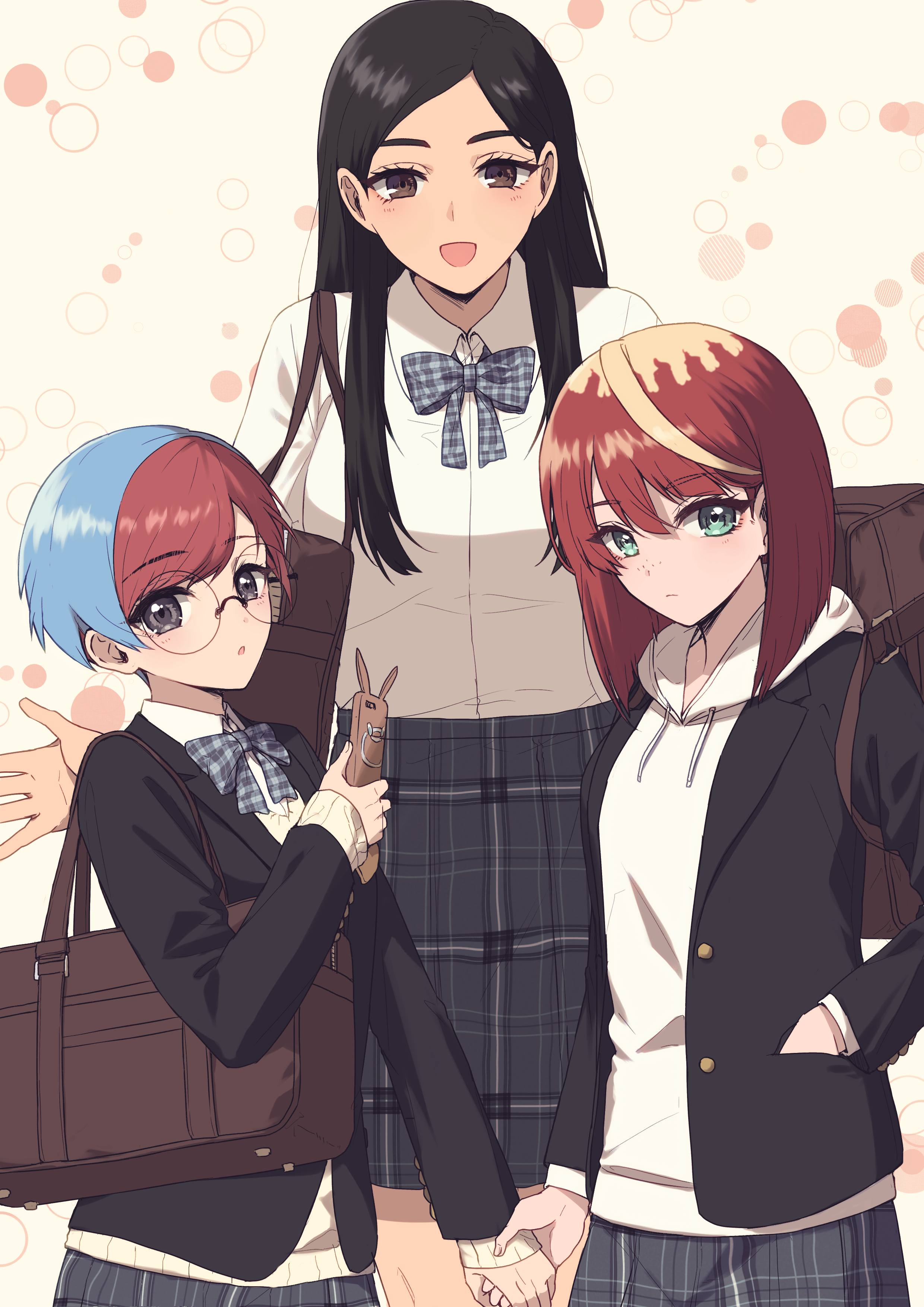 3girls :d :o absurdres ahoge alternate_costume black_hair black_jacket blonde_hair blue_hair blush bow brown_bag brown_eyes cellphone closed_mouth collared_shirt commentary_request eri_(pokemon) eyelashes freckles gen_4_pokemon glasses green_eyes grey_eyes hand_in_pocket highres holding holding_hands holding_phone hood hood_down hoodie jacket long_hair long_sleeves medium_hair mela_(pokemon) multicolored_hair multiple_girls nintendo official_alternate_hairstyle open_clothes open_jacket open_mouth penny_(pokemon) phone plaid_bow plaid_clothes plaid_skirt pokemon pokemon_sv red_hair rotom rotom_phone round_eyewear shirt short_hair skirt smartphone smile suzukinoko1021 team_star two-tone_hair very_short_hair white_hoodie white_shirt