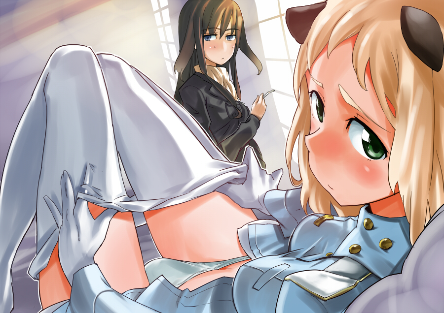 2girls blonde_hair blue_eyes blush brown_hair cigarette ears_down elizabeth_f._beurling elma_leivonen embarrassed gloves green_eyes jacket leather leather_jacket light_rays long_hair looking_at_another looking_at_viewer military military_uniform multiple_girls over_shoulder panties panties_under_pantyhose pantyhose perspective seikiounobuhiko short_hair smoking strike_witches strike_witches:_suomus_misfits_squadron underwear unworn_pantyhose white_gloves white_panties window world_witches_series