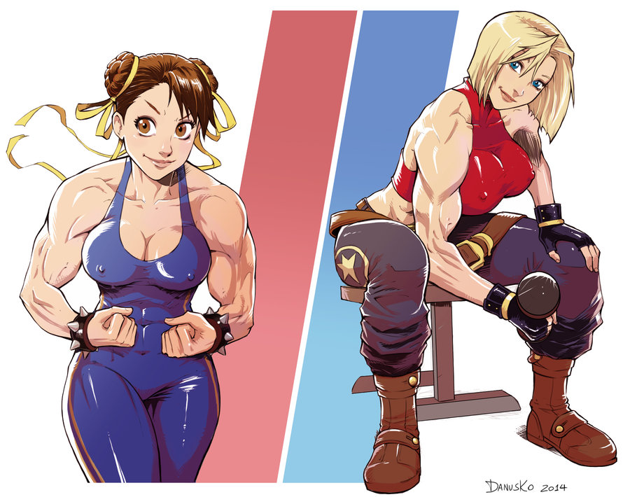 1990s_(style) 2girls abs bare_shoulders belt belt_skirt blonde_hair blue_eyes blue_mary boots bracelet breasts brown_eyes brown_hair capcom chun-li cleavage covered_erect_nipples danusko double_bun dumbbell fatal_fury fingerless_gloves flexing gloves hair_bun halterneck image_sample jewelry large_breasts multiple_girls muscular retro_artstyle short_hair smile snk spiked_bracelet spikes street_fighter street_fighter_zero_(series) the_king_of_fighters unitard