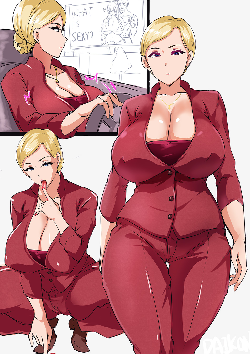 1girl blonde_hair bolobolo breasts car cleavage covered_erect_nipples driving highres huge_breasts licking_finger motor_vehicle spread_legs squatting t-x terminator_(series) terminator_3:_rise_of_the_machines tongue tongue_out