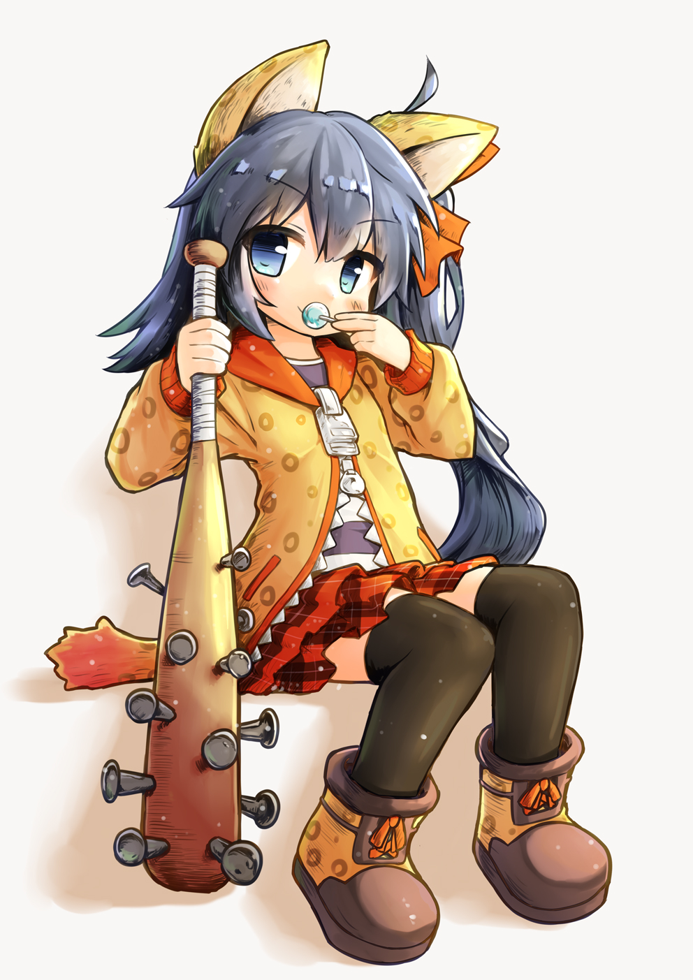 1girl ahoge animal_ears balulu_alma baseball_bat black_hair black_thighhighs blue_eyes boots brown_boots candy emil_chronicle_online flat_chest food hair_ribbon highres holding holding_candy holding_food kareya nail_(hardware) nail_bat plaid_clothes plaid_skirt red_skirt ribbon shirt side_ponytail sitting skirt thighhighs white_background yellow_shirt