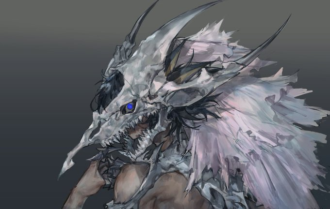 1boy bare_shoulders black_hair blue_eyes dragon_claw dragon_hair_ornament dragon_mask fudo_yusei fusion grey_background hand_on_own_chest looking_at_viewer looking_to_the_side male_focus momentcorefly stardust_dragon yu-gi-oh! yu-gi-oh!_5d&#039;s