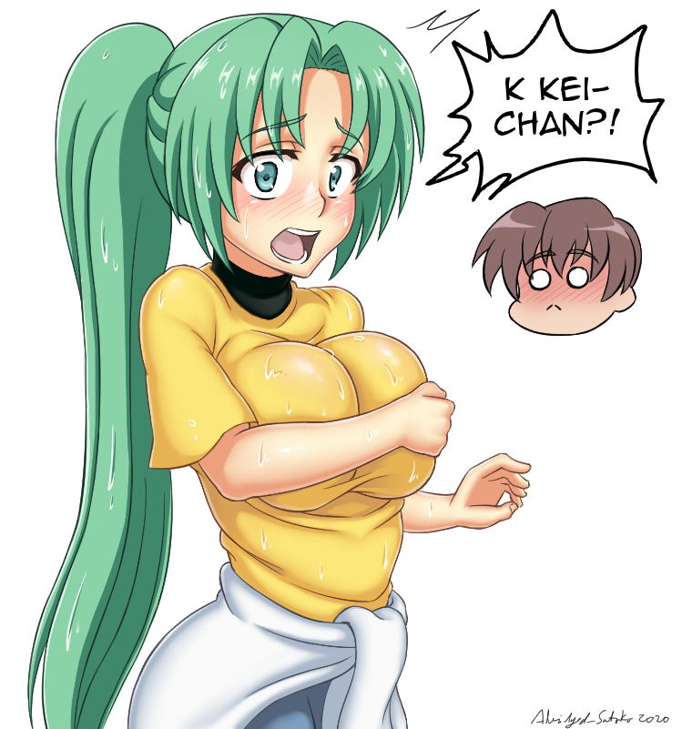 1boy 1girl abridged-satoko blush breasts brown_hair closed_mouth covering_breasts covering_privates green_eyes green_hair higurashi_no_naku_koro_ni large_breasts long_hair looking_at_viewer maebara_keiichi ponytail pupiless_eyes shirt simple_background sonozaki_mion standing teeth tongue wet wet_clothes white_background yellow_shirt