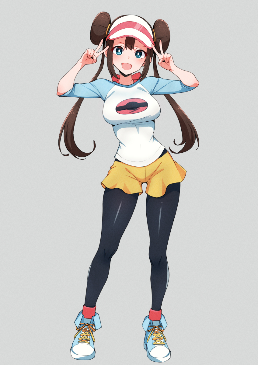1girl black_pantyhose blue_eyes breasts double_bun double_v flower grey_background hair_bun hat highres kamidan large_breasts long_hair looking_at_viewer nintendo pantyhose pokemon pokemon_bw2 rosa_(pokemon) rose shirt shorts simple_background solo v visor_cap white_hat white_shirt yellow_shorts