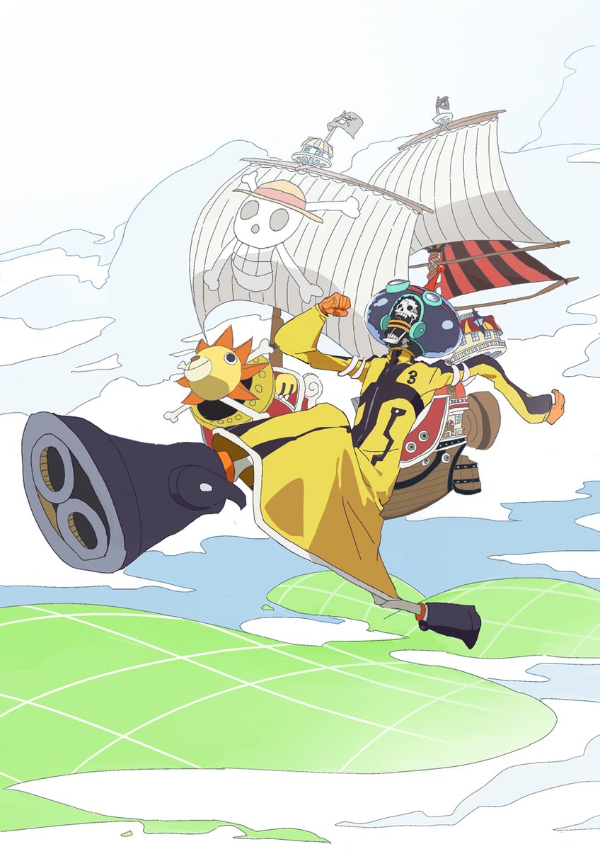 1boy boots brook_(one_piece) clothing_request cloud cloudy_sky gloves goggles goggles_on_headwear going_merry helmet jolly_roger long_coat looking_up male_focus mmmkawaine one_piece orange_gloves skull sky