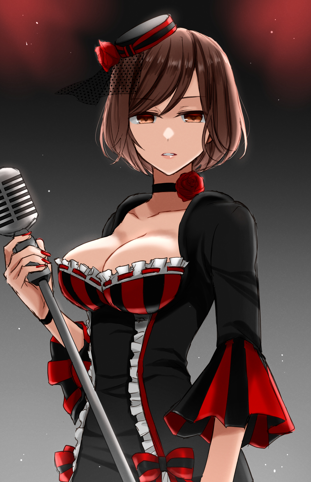 1girl black_choker breasts brown_eyes brown_hair choker cleavage collarbone commentary_request expressionless facing_viewer flower frilled_sleeves frills hat highres holding holding_microphone large_breasts light_particles looking_at_viewer meiko_(lorelei)_(vocaloid) meiko_(vocaloid) microphone microphone_stand mini_hat nail_polish parted_lips project_diva_(series) red_flower red_nails red_rose rose short_hair simple_background solo sorano_namida upper_body vocaloid