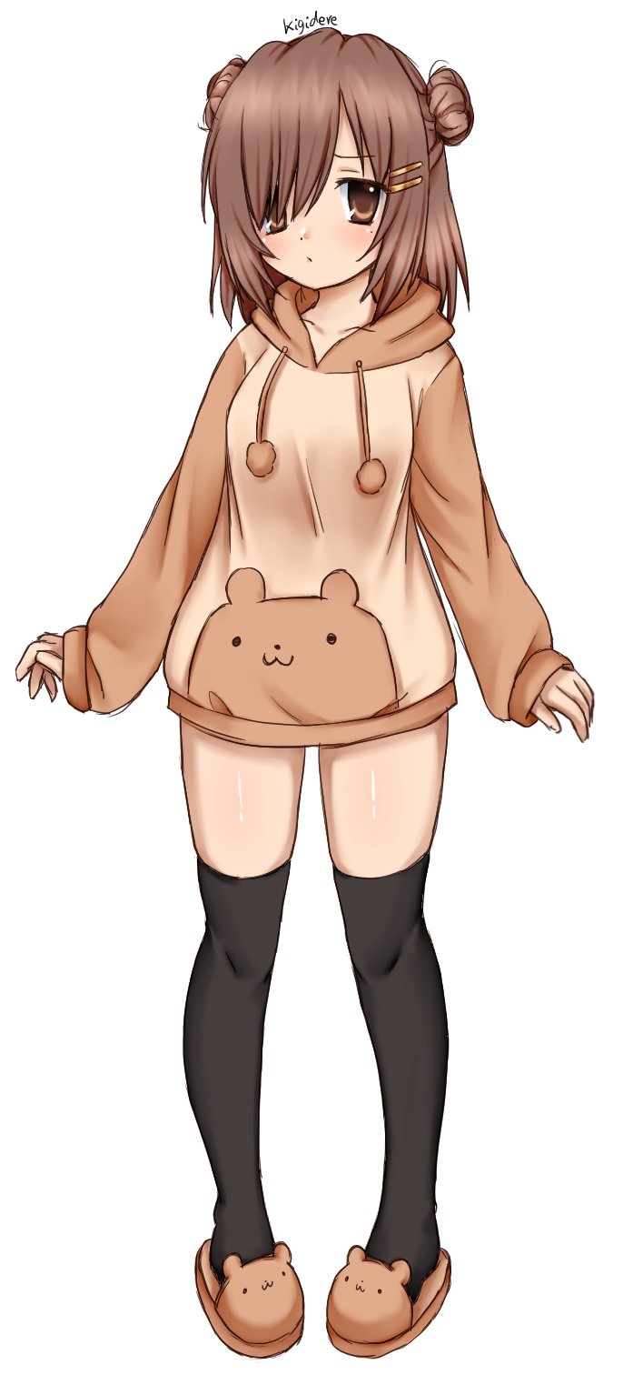 1girl bear_slippers brown_eyes brown_hair commentary double_bun drawstring full_body hair_bun hair_ornament hairclip highres hood hood_down hoodie kigidere long_sleeves medium_hair original pom_pom_(clothes) pom_pom_drawstring sleeves_past_wrists solo symbol-only_commentary thighhighs two_side_up