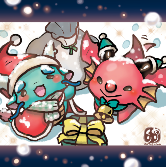 bell box capelet chibi christmas commentary_request cosplay dragon eastern_dragon full_body gift gift_box hat hotathino looking_at_viewer neck_bell no_humans original rudolph_the_red_nosed_reindeer rudolph_the_red_nosed_reindeer_(cosplay) sack santa_hat scarf snow western_dragon