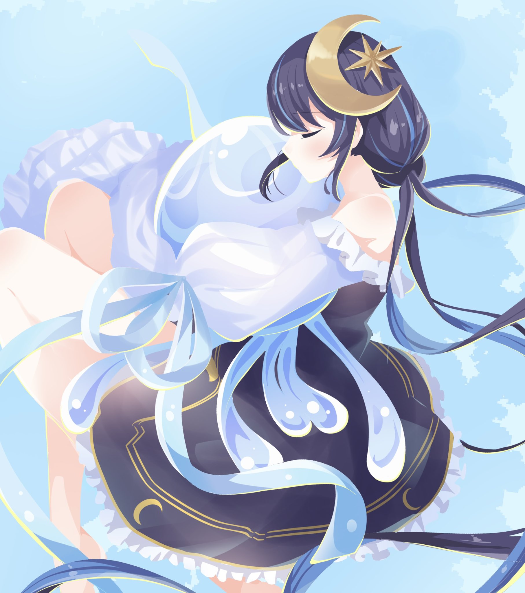 1girl absurdly_long_hair animal animal_hug black_dress black_hair blue_background blue_hair commentary_request crescent dress frilled_dress frills highres jellyfish kiryu_(sora_no_iroto) long_hair low_twintails million_production multicolored_hair no_lineart off-shoulder_dress off_shoulder short_dress sidelocks solo streaked_hair twintails very_long_hair virtual_youtuber yuragi_yura