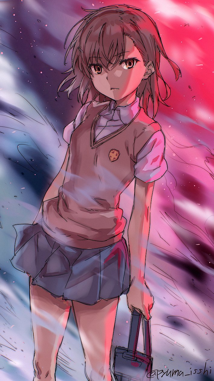 1girl asymmetrical_bangs brown_eyes brown_hair brown_sweater_vest closed_mouth collared_shirt grey_skirt hair_ornament hairclip highres holding isshi_pyuma medium_hair miniskirt misaka_imouto night_vision_device pleated_skirt school_emblem school_uniform shirt short_sleeves skirt solo summer_uniform sweater_vest toaru_kagaku_no_railgun toaru_majutsu_no_index tokiwadai_school_uniform twitter_username v-neck white_shirt