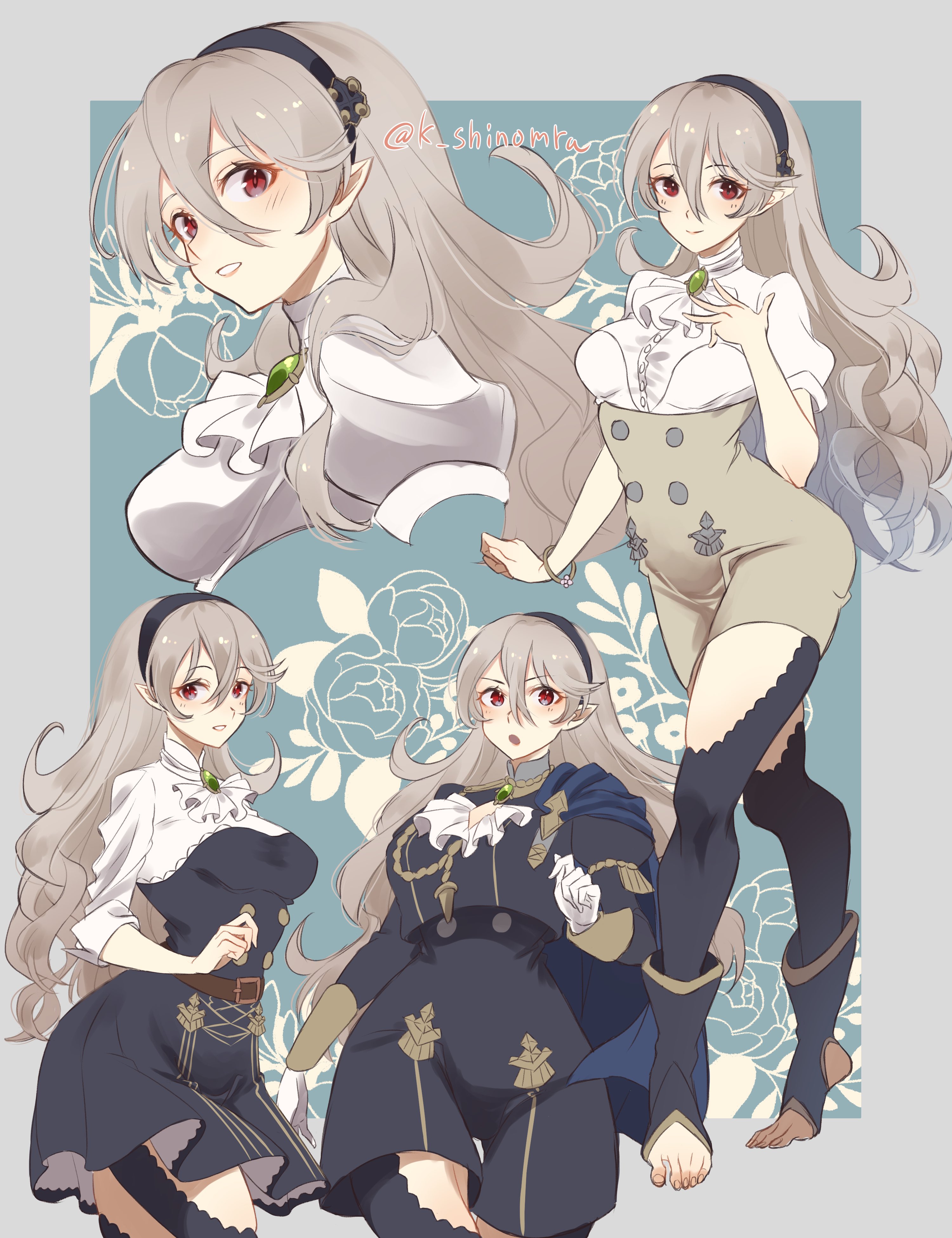 1girl absurdres artist_name black_dress black_footwear black_hairband black_legwear blue_background border closed_mouth corrin_(female)_(fire_emblem) dress feet fire_emblem fire_emblem:_three_houses fire_emblem_fates fire_emblem_if grey_border grey_hair hairband highres intelligent_systems karashino long_hair multiple_views nintendo open_mouth pointy_ears red_eyes smile stirrup_legwear toeless_footwear toeless_legwear toes twitter_username