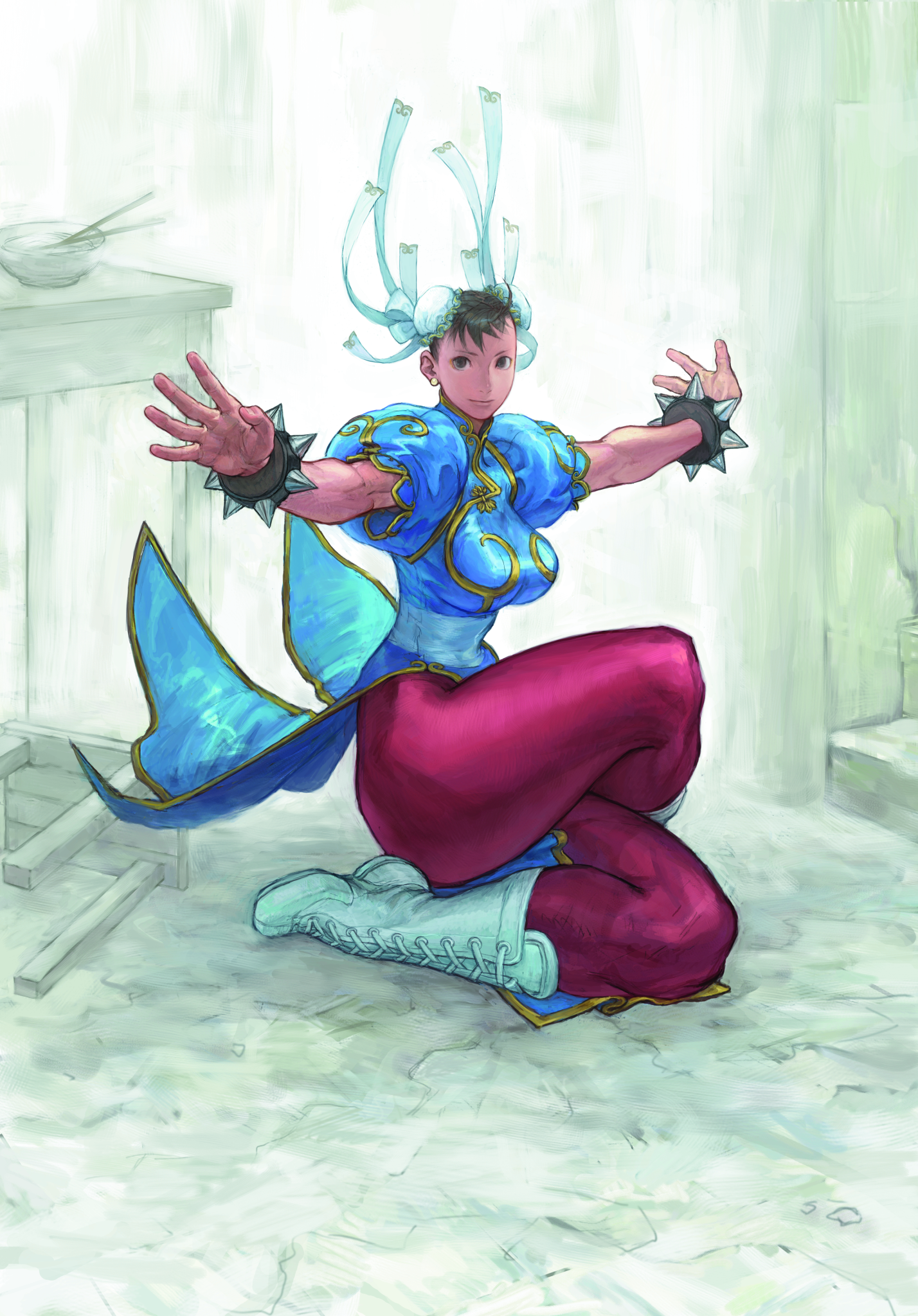 1girl boots bracelet breasts brown_eyes brown_hair bun_cover capcom china_dress chinese_clothes chun-li double_bun dress earrings fighting_stance game_cg hair_bun highres jewelry large_breasts looking_at_viewer nishimura_kinu non-web_source official_art outstretched_arms pantyhose pelvic_curtain sash short_hair sitting solo solo_focus spiked_bracelet spikes street_fighter street_fighter_iii_(series) studded_bracelet thick_thighs thighs unitard white_boots
