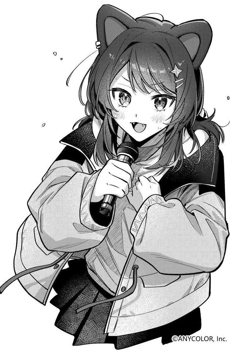 1girl animal_ears blush commentary_request copyright_notice cropped_legs dog_ears fangs greyscale hair_ornament hairpin hand_on_own_chest highres holding holding_microphone hood hood_down hoodie inui_toko inui_toko_(8th_costume) jacket long_hair long_sleeves looking_at_viewer matsugi_zuntaro microphone miniskirt monochrome multiple_hairpins music nijisanji official_art open_clothes open_jacket open_mouth pleated_skirt simple_background singing skirt solo star_(symbol) star_hair_ornament virtual_youtuber white_background