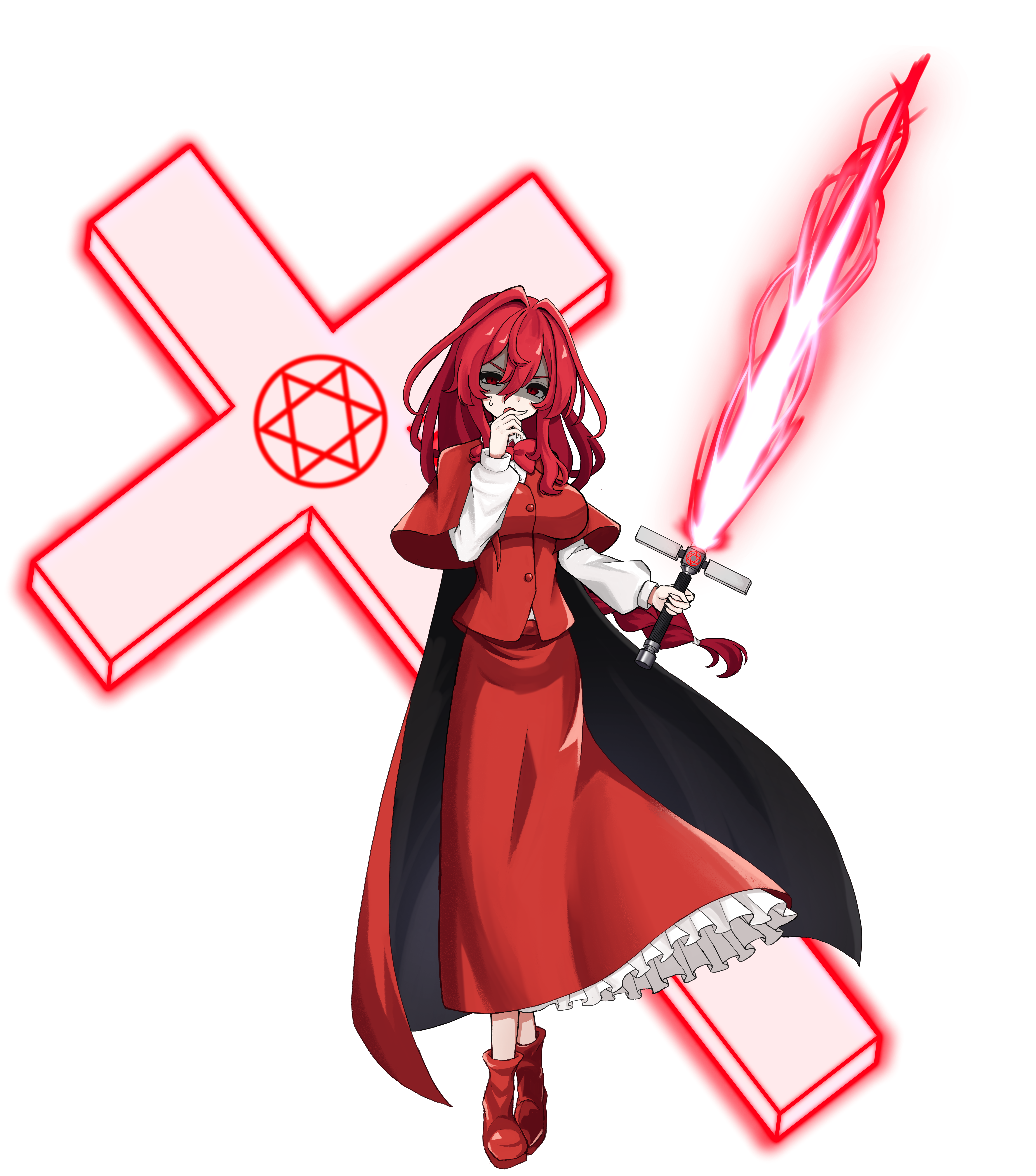 1girl absurdres braid braided_ponytail breasts cape commentary_request cross dress frilled_dress frills full_body glowing glowing_sword glowing_weapon highres holding holding_sword holding_weapon long_hair long_sleeves looking_at_viewer okazaki_yumemi red_cape red_eyes red_hair red_shirt red_skirt shaded_face shirt simple_background skirt solo sword tachi-e touhou touhou_(pc-98) variant_set weapon white_background yabuhebi1067