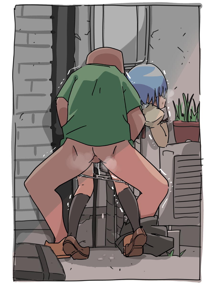 1boy 1girl against_wall alley bag bent_over black_socks blue_hair brown_footwear clothes_pull cum cum_in_pussy ejaculation grass green_shirt hetero highres itagaki_super_dx juliet_sleeves legs long_sleeves mahou_shoujo_madoka_magica miki_sayaka outdoors panties panties_around_leg pants pants_around_one_leg pants_pull panty_pull plant potted_plant puffy_sleeves school_uniform sex sex_from_behind shirt shoes short_hair socks testicles trembling trembling_legs underwear