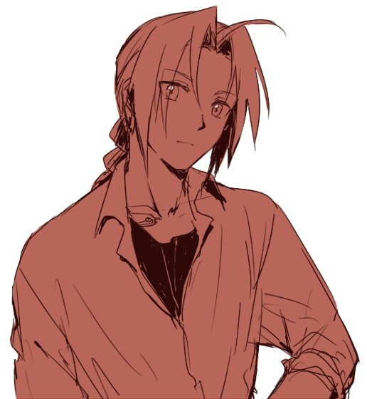 1boy braid edward_elric expressionless fullmetal_alchemist long_hair long_sleeves looking_at_viewer male_focus monochrome red_theme riru simple_background solo standing white_background