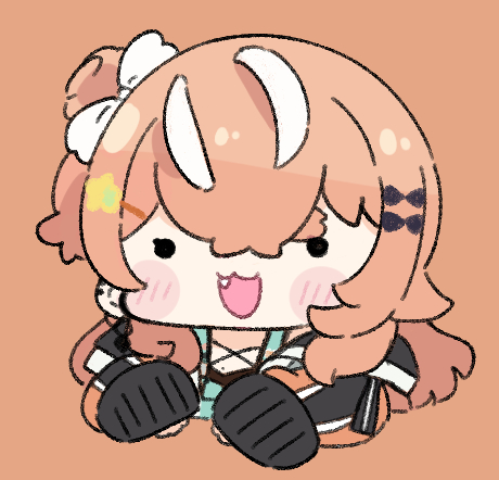 1girl :d black_bow blue_dress blush_stickers bow brown_background brown_hair brown_jacket chibi commentary cropped_torso dress fang hair_bow hair_bun igarashi_rika igarashi_rika_(1st_costume) jacket long_sleeves lowres multicolored_hair nijisanji nozo_(hitomiz) one_side_up open_clothes open_jacket open_mouth puffy_long_sleeves puffy_sleeves simple_background single_side_bun sleeves_past_wrists smile solid_circle_eyes solo streaked_hair upper_body virtual_youtuber white_bow white_hair