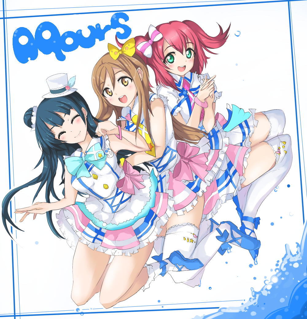 10s 3girls :d ^_^ bad_id bad_pixiv_id closed_eyes echizen_(hvcv) closed_eyes girl_sandwich group_name hat kimi_no_kokoro_wa_kagayaiteru_kai? kunikida_hanamaru kurosawa_ruby love_live! love_live!_school_idol_project love_live!_sunshine!! multiple_girls open_mouth sandwiched smile tsushima_yoshiko