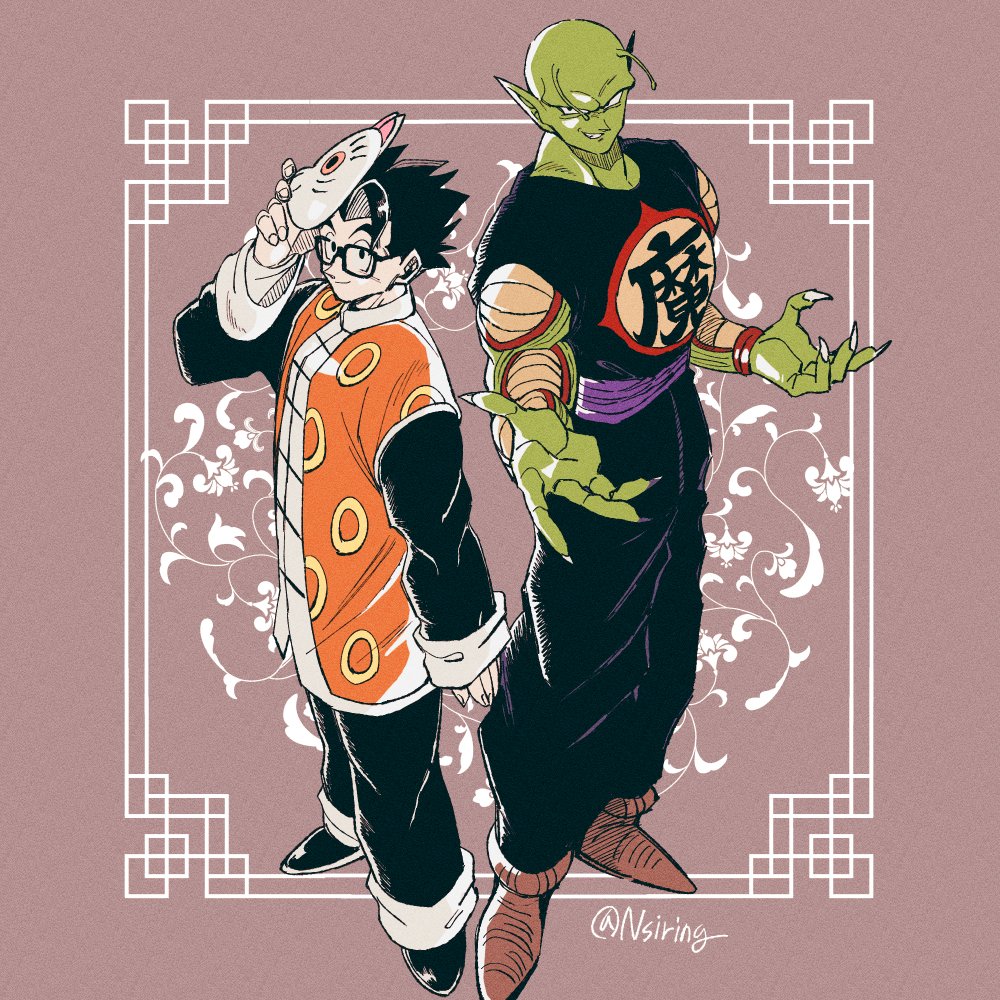 2boys alien antennae black-framed_eyewear black_eyes black_hair black_shoes brown_shoes chinese_clothes closed_mouth colored_skin cosplay dougi dragon_ball dragon_ball_(classic) dragon_ball_super dragonball_z fingernails full_body glasses grandpa_gohan grandpa_gohan_(cosplay) green_skin living_(nsiring) long_sleeves looking_at_viewer male_focus multiple_boys piccolo piccolo_daimaou piccolo_daimaou_(cosplay) pointy_ears sharp_fingernails shoes smile son_gohan twitter_username