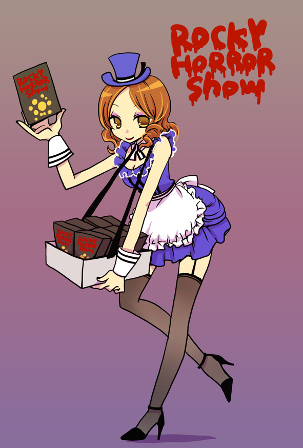 1girl apron breasts brown_eyes brown_hair cleavage closed_mouth copyright_name dress dvd_case full_body garter_straps hat high_heels holding looking_at_viewer mini_hat mini_top_hat okameti purple_dress shadow short_hair smile solo the_rocky_horror_picture_show thighhighs top_hat waist_apron white_apron wrist_cuffs zettai_ryouiki