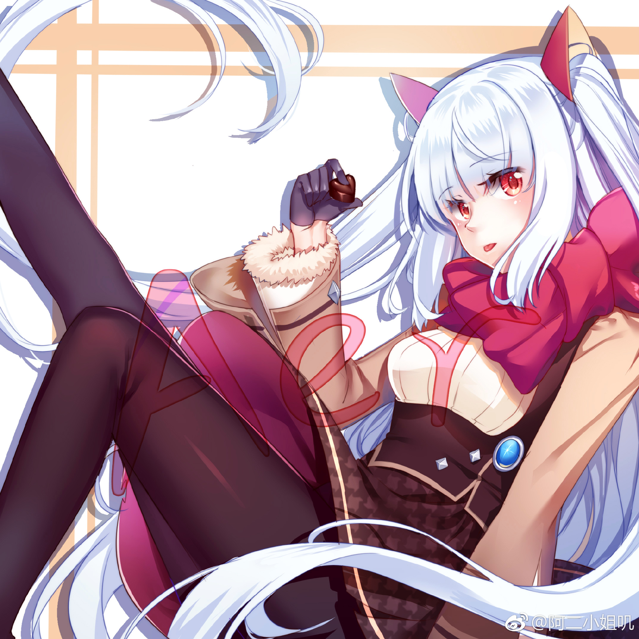 1girl aer_(tengqiu) alternate_costume animal_ears candy chocolate chocolate_heart essex_(warship_girls_r) food gloves heart heart-shaped_food highres long_hair looking_at_viewer pantyhose red_eyes scarf solo tongue tongue_out valentine very_long_hair warship_girls_r watermark weibo_watermark white_hair