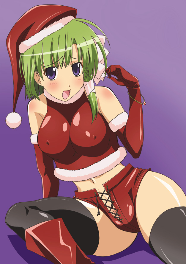 00s 1girl ahoge black_thighhighs blush boots breasts christmas covered_erect_nipples elbow_gloves female_focus gloves green_hair hair_ribbon hat large_breasts navel open_mouth paopa_ship pink_ribbon purple_background purple_eyes pussy pussy_peek ribbon santa_costume santa_hat shigure_asa short_hair shuffle! simple_background solo thighhighs uncensored