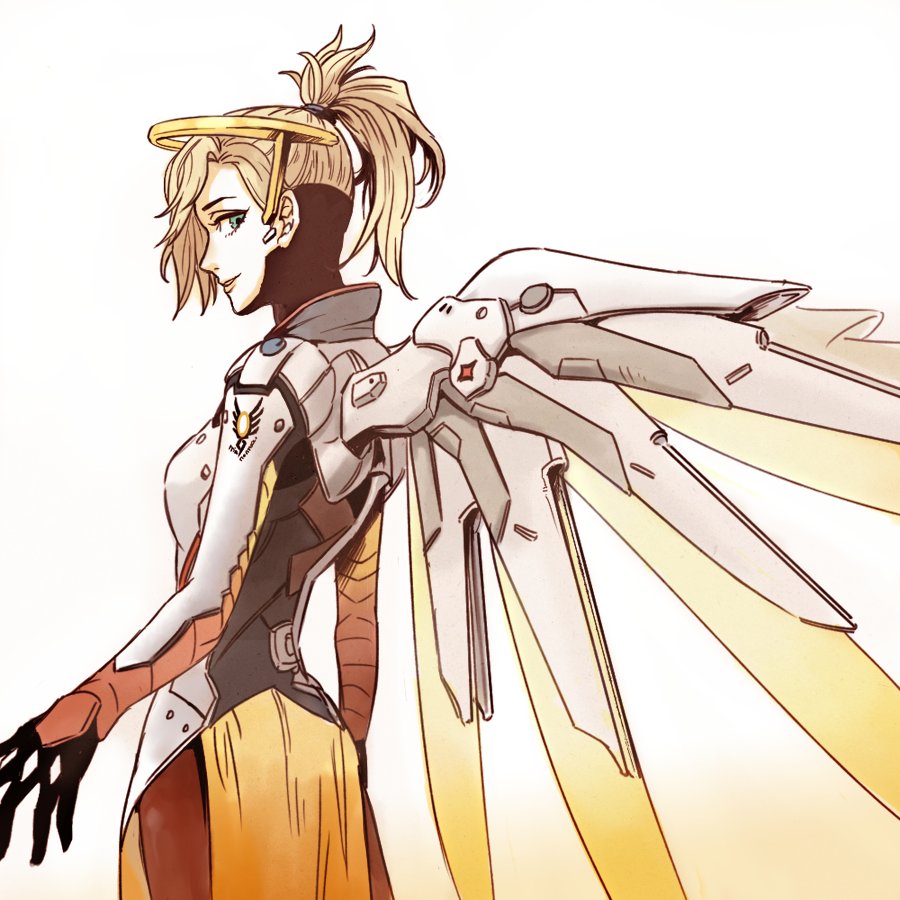 1girl armor bad_id bad_twitter_id black_gloves blonde_hair blue_eyes bodysuit bosong_beoseot breastplate breasts brown_pantyhose cowboy_shot eyelashes faulds female_focus from_side gloves gradient_background hair_ornament hair_tie halo headgear high_ponytail loincloth long_sleeves looking_at_viewer mechanical_halo mechanical_wings mercy_(overwatch) overwatch overwatch_1 pantyhose parted_lips pelvic_curtain pink_lips ponytail short_hair skin_tight smile solo spread_wings turtleneck wing_print wings yellow_wings